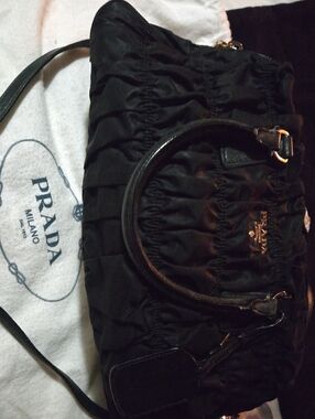 Prada Black Ruched Nylon Shoulder Bag with Gold Hardware